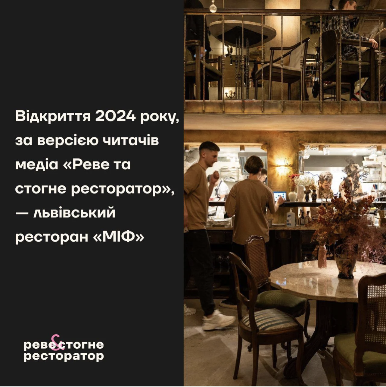 Картка «Відкриття 2024 року за версією читачів медіа „Реве та стогне ресторатор“ — львівський ресторан МІФ» з фото залу ресторану