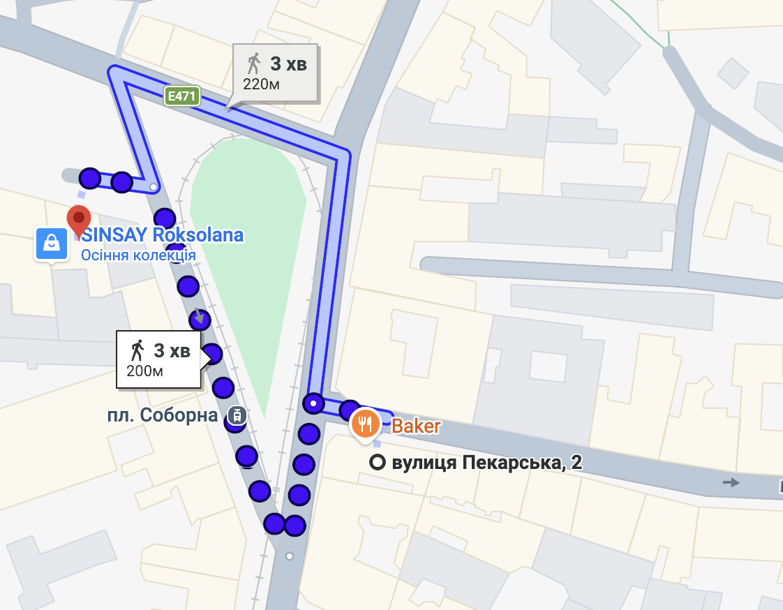 Карта пішохідних маршрутів до ресторану МІФ на вул. Пекарській, 2: три хвилини пішки від площі Соборної та ТЦ «Роксолана»